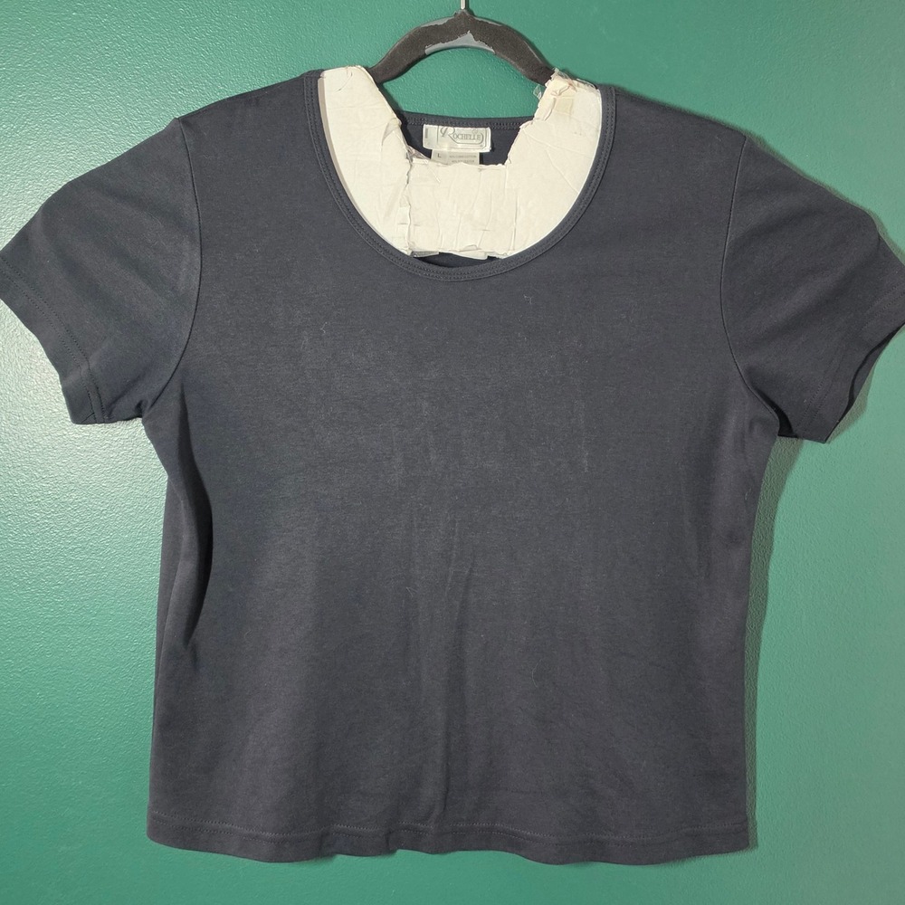 Rochelle Womens Navy Blue Combed Cotton Blend Scoop Neck Short Sleeve Top Large